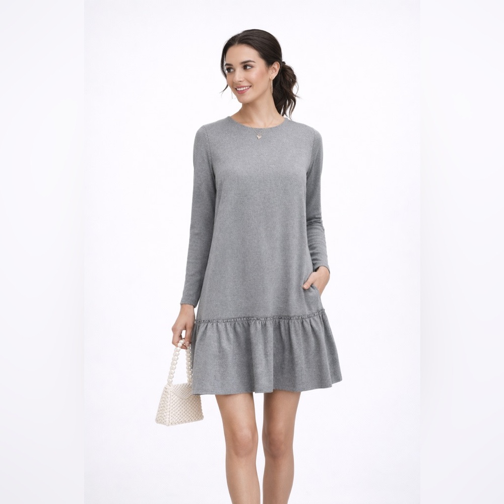 Banana Republic Ponte Ruffle Hem Mini Dress Gray Long Sleeve Career SZ 12‎